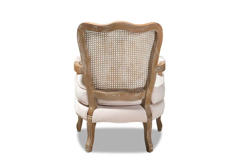 Arpina Light Beige Velvet Fabric Upholstered White-Washed Oak Wood Armchair Baxton