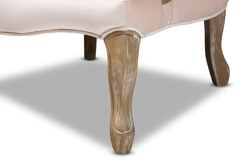 Arpina Light Beige Velvet Fabric Upholstered White-Washed Oak Wood Armchair Baxton