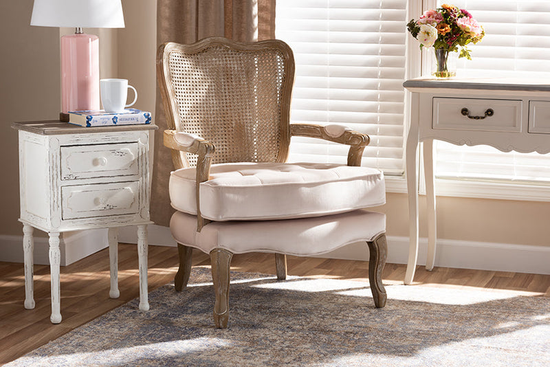 Arpina Light Beige Velvet Fabric Upholstered White-Washed Oak Wood Armchair Baxton