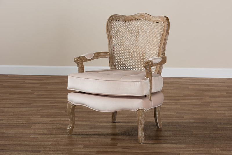 Arpina Light Beige Velvet Fabric Upholstered White-Washed Oak Wood Armchair Baxton