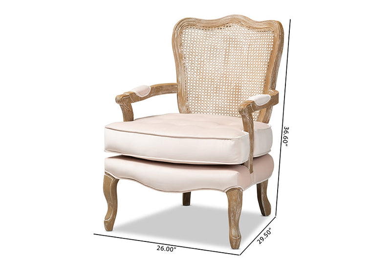 Arpina Light Beige Velvet Fabric Upholstered White-Washed Oak Wood Armchair Baxton