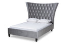 Luciana Gray Velvet Fabric Button Tufted Queen Bed w/Tall Wingback Headboard Baxton
