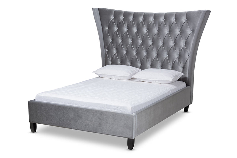 Luciana Glam and Luxe Gray Velvet Fabric Upholstered and Button Tufted King Size Platform Bed w/Tall Wingback Headboard