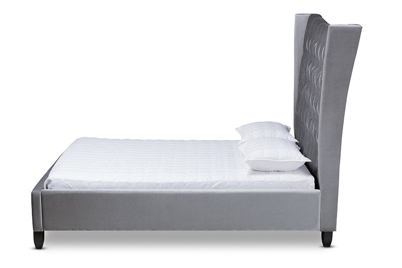 Luciana Gray Velvet Fabric Button Tufted Queen Bed w/Tall Wingback Headboard Baxton