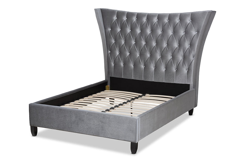 Luciana Glam and Luxe Gray Velvet Fabric Upholstered and Button Tufted King Size Platform Bed w/Tall Wingback Headboard