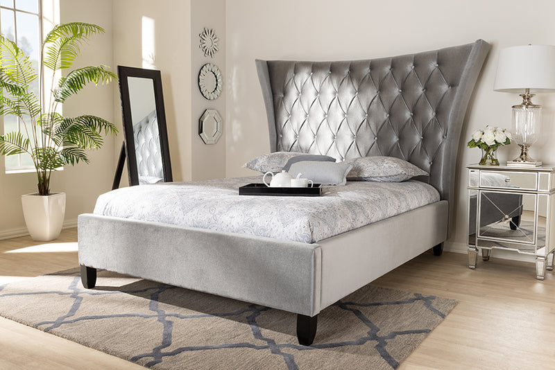 Luciana Glam and Luxe Gray Velvet Fabric Upholstered and Button Tufted King Size Platform Bed w/Tall Wingback Headboard