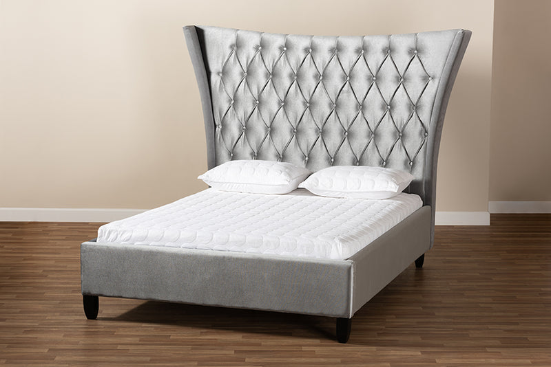 Luciana Glam and Luxe Gray Velvet Fabric Upholstered and Button Tufted King Size Platform Bed w/Tall Wingback Headboard