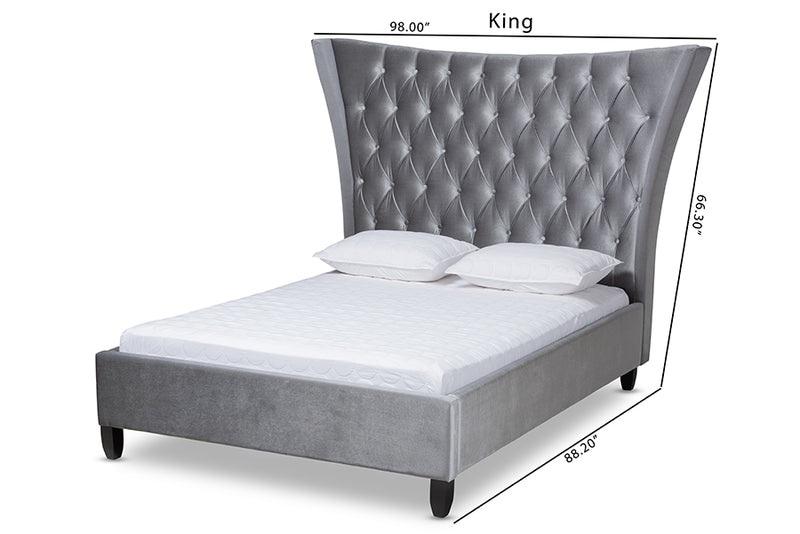 Luciana Glam and Luxe Gray Velvet Fabric Upholstered and Button Tufted King Size Platform Bed w/Tall Wingback Headboard