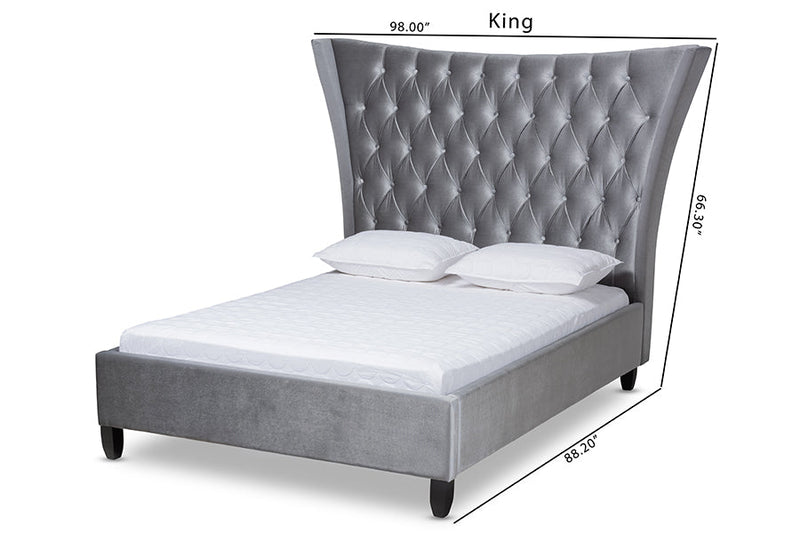 Luciana Gray Velvet Fabric Button Tufted Queen Bed w/Tall Wingback Headboard Baxton