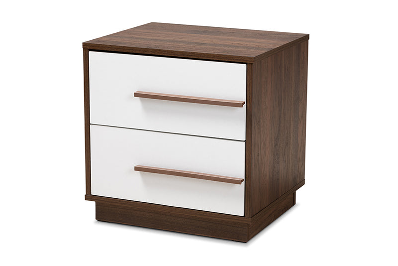 Kamal Mid-Century Modern Two-Tone White and Walnut Finished 2-Drawer Wood Nightstand