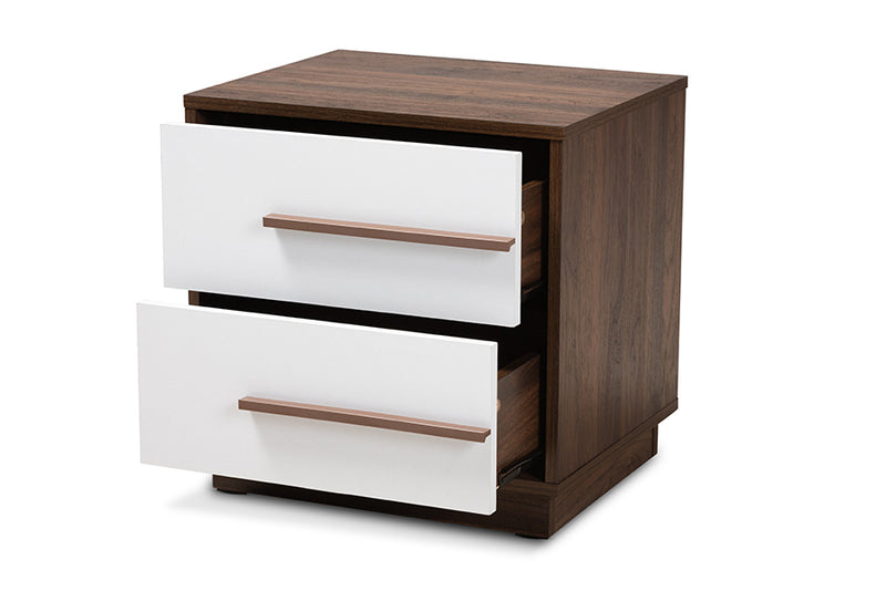 Kamal Mid-Century Modern Two-Tone White and Walnut Finished 2-Drawer Wood Nightstand