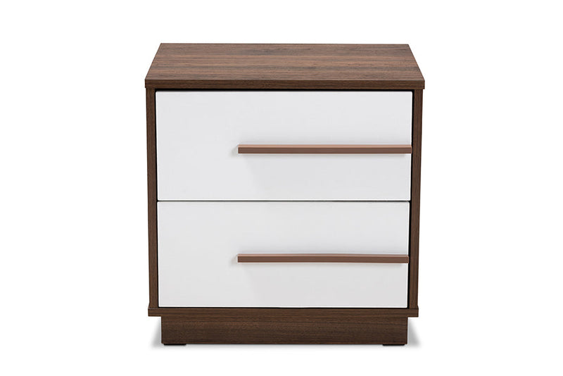 Kamal Two-Tone White and Walnut Finished 2-Drawer Wood Nightstand Baxton