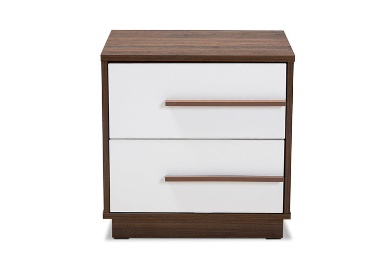 Kamal Mid-Century Modern Two-Tone White and Walnut Finished 2-Drawer Wood Nightstand