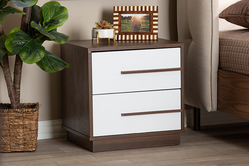 Kamal Mid-Century Modern Two-Tone White and Walnut Finished 2-Drawer Wood Nightstand