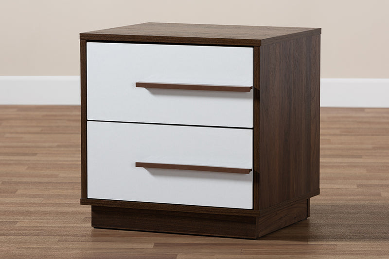 Kamal Mid-Century Modern Two-Tone White and Walnut Finished 2-Drawer Wood Nightstand