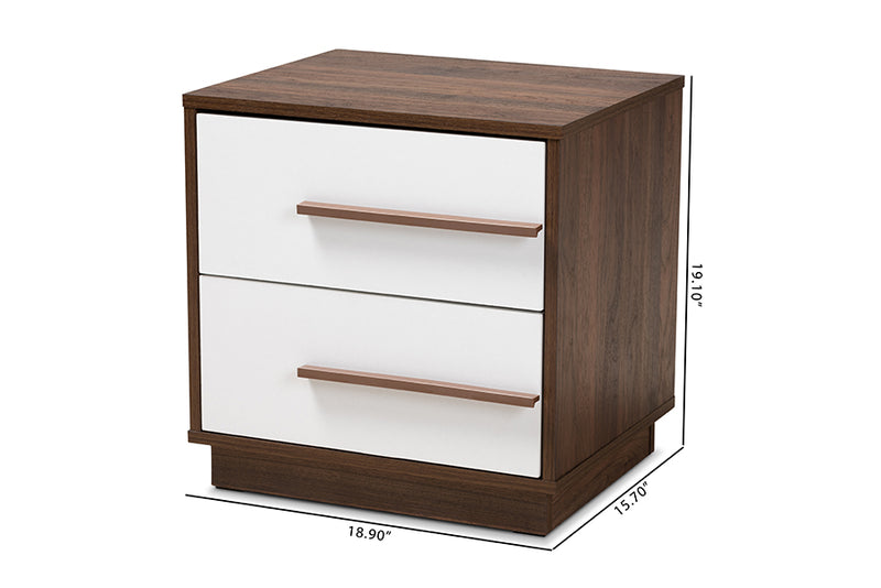 Kamal Mid-Century Modern Two-Tone White and Walnut Finished 2-Drawer Wood Nightstand