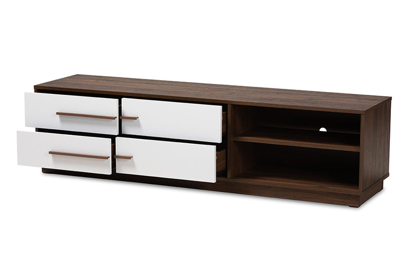 Kamal Mid-Century Modern Two-Tone White and Walnut Finished 4-Drawer Wood TV Stand