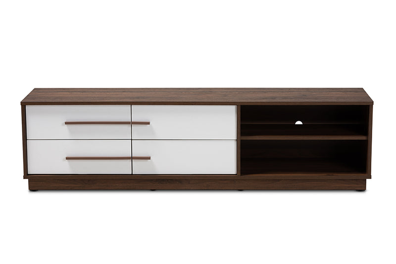 Kamal Mid-Century Modern Two-Tone White and Walnut Finished 4-Drawer Wood TV Stand