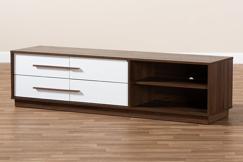 Kamal Mid-Century Modern Two-Tone White and Walnut Finished 4-Drawer Wood TV Stand