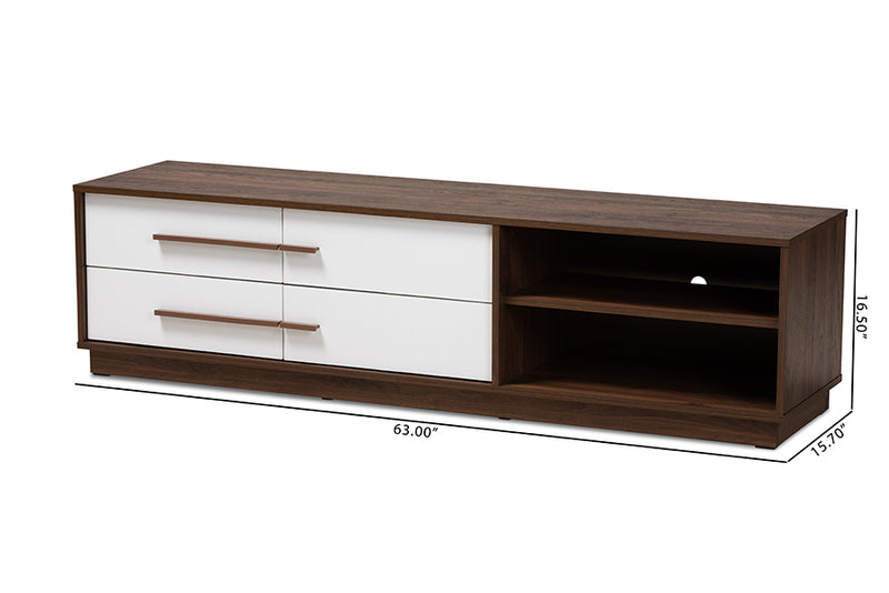 Kamal Mid-Century Modern Two-Tone White and Walnut Finished 4-Drawer Wood TV Stand