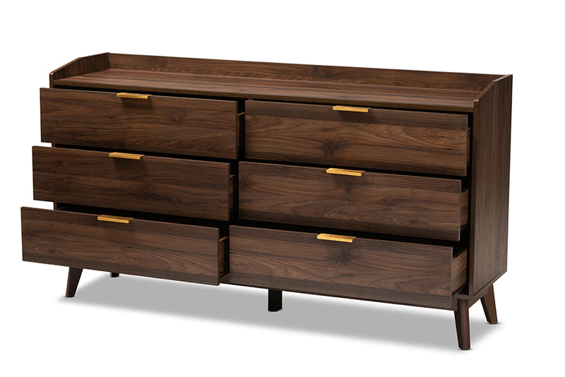 Linus Mid-Century Modern Walnut Brown Finished 6-Drawer Wood Dresser