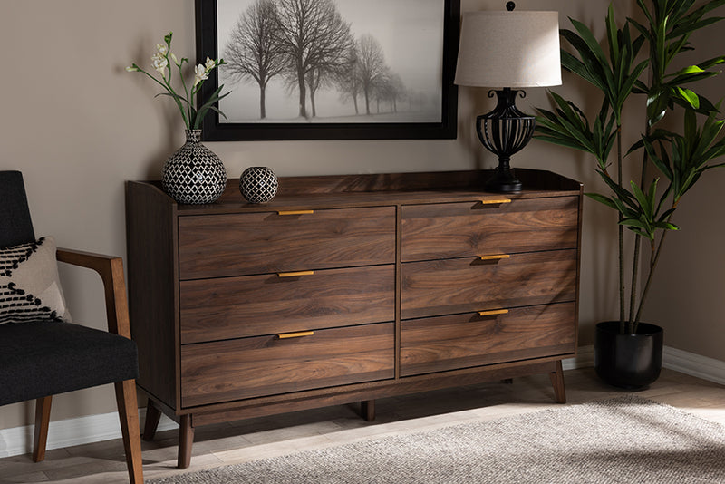 Linus Mid-Century Modern Walnut Brown Finished 6-Drawer Wood Dresser