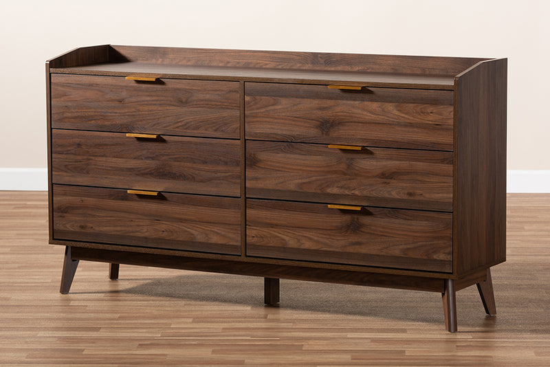 Linus Mid-Century Modern Walnut Brown Finished 6-Drawer Wood Dresser