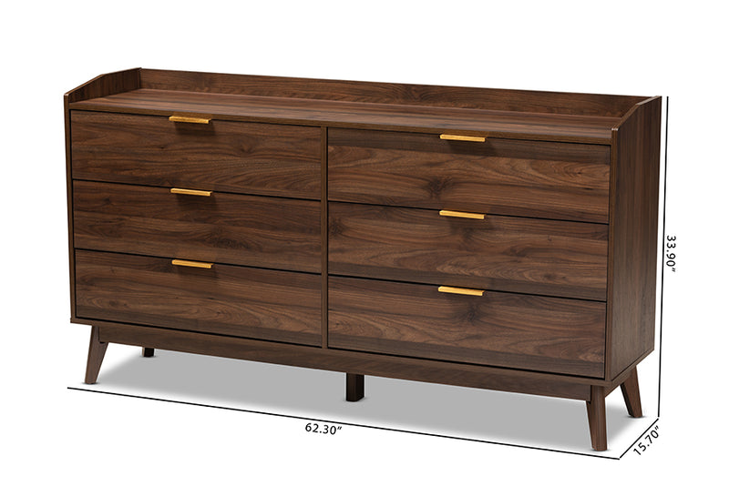 Linus Mid-Century Modern Walnut Brown Finished 6-Drawer Wood Dresser