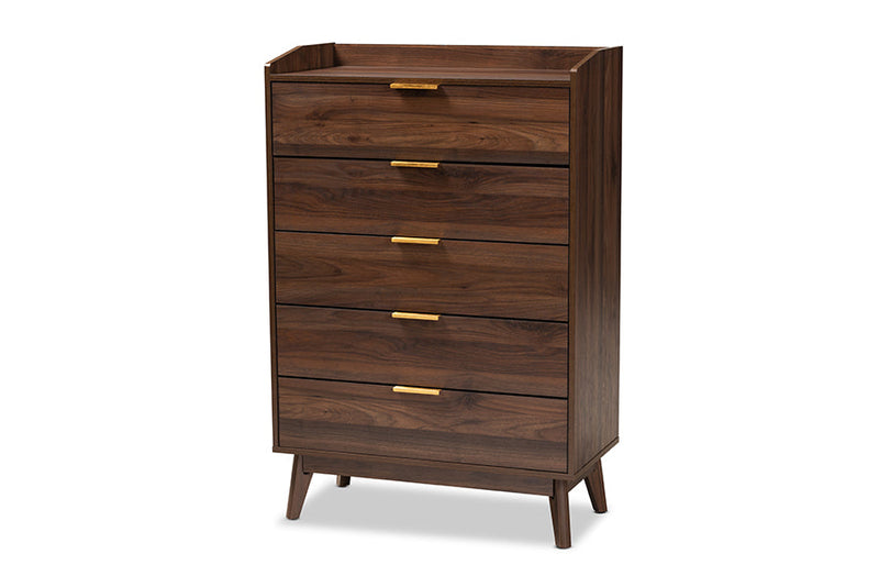 Linus Walnut Brown Finished 5-Drawer Wood Chest Baxton
