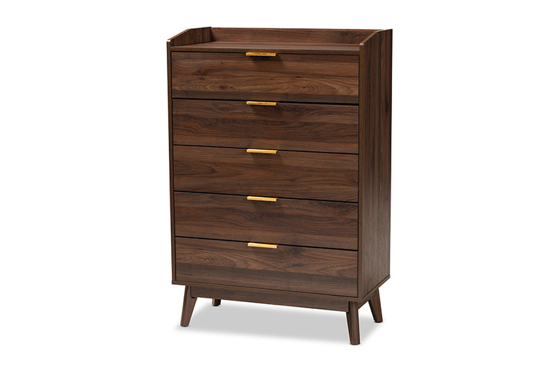 Linus Mid-Century Modern Walnut Brown Finished 5-Drawer Wood Chest