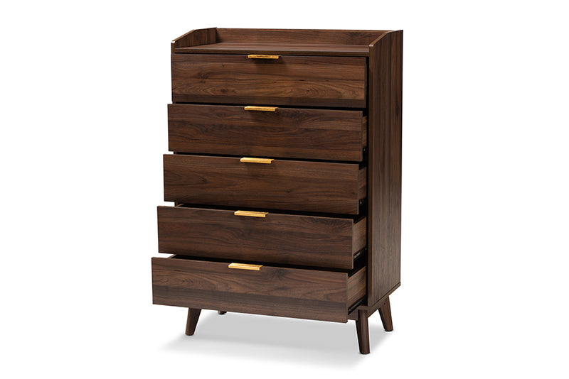 Linus Mid-Century Modern Walnut Brown Finished 5-Drawer Wood Chest