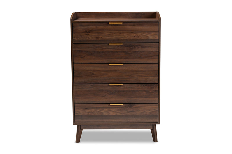 Linus Mid-Century Modern Walnut Brown Finished 5-Drawer Wood Chest