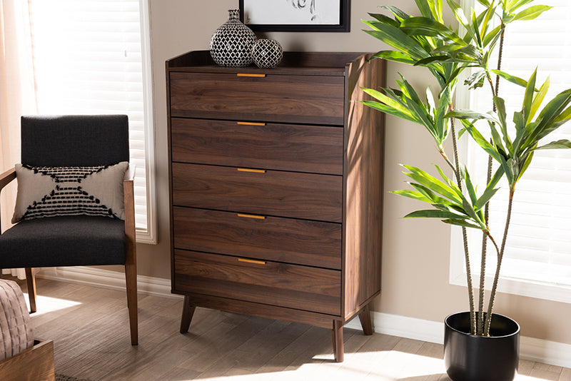 Linus Mid-Century Modern Walnut Brown Finished 5-Drawer Wood Chest