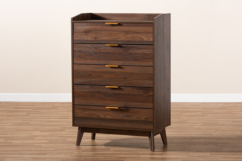 Linus Mid-Century Modern Walnut Brown Finished 5-Drawer Wood Chest