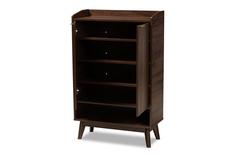 Linus Mid-Century Modern Walnut Brown Finished 5-Shelf Wood Entryway Shoe Cabinet