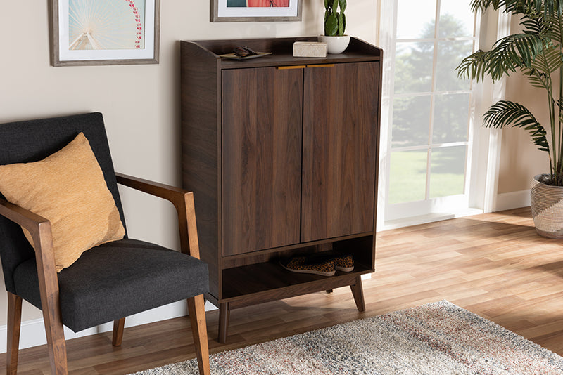 Linus Mid-Century Modern Walnut Brown Finished 5-Shelf Wood Entryway Shoe Cabinet