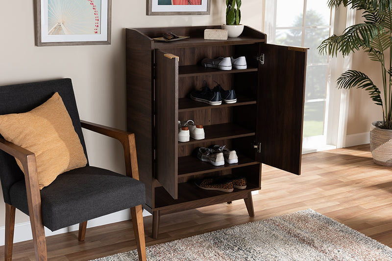 Linus Mid-Century Modern Walnut Brown Finished 5-Shelf Wood Entryway Shoe Cabinet