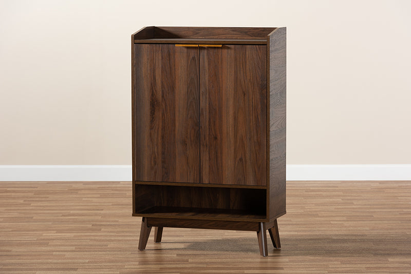 Linus Mid-Century Modern Walnut Brown Finished 5-Shelf Wood Entryway Shoe Cabinet