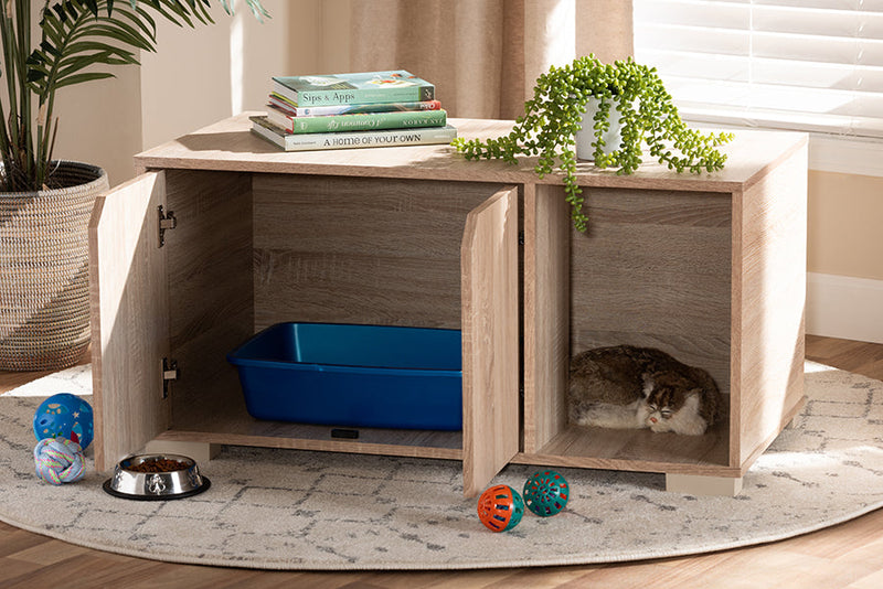 Sante Oak Finished 2-Door Wood Cat Litter Box Cover House Baxton