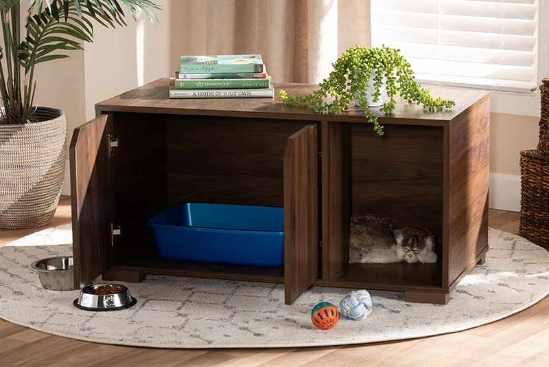 Sante Walnut Brown Finished 2-Door Wood Cat Litter Box Cover House Baxton