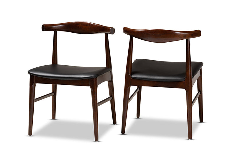 Marquetterie Black Faux Leather Upholstered Walnut Dining Chair Set of 2 Baxton
