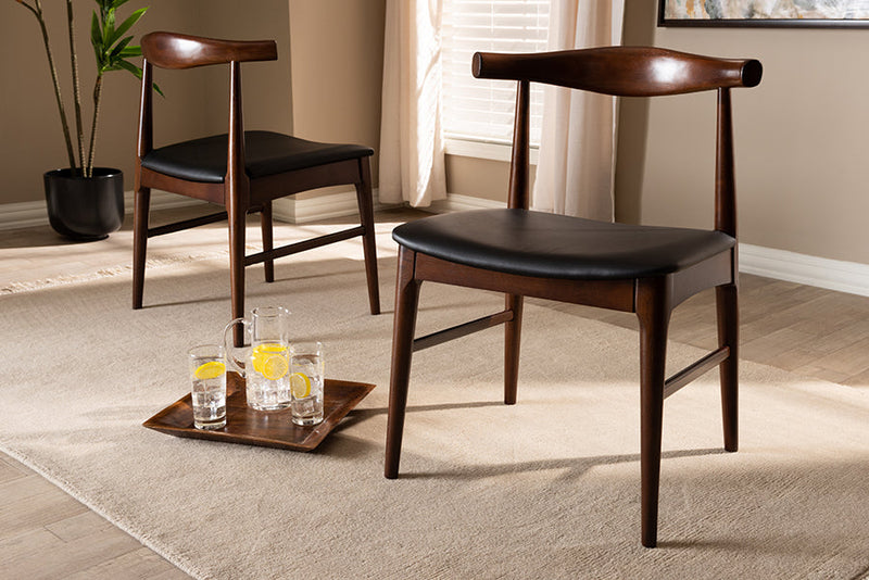 Marquetterie Black Faux Leather Upholstered Walnut Dining Chair Set of 2 Baxton