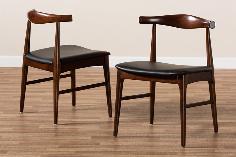 Marquetterie Black Faux Leather Upholstered Walnut Dining Chair Set of 2 Baxton
