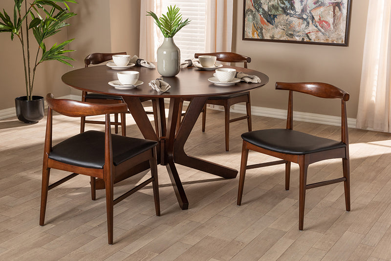 Olivia Mid-Century Modern Black Faux Leather Upholstered Walnut Finished 5-Piece Wood Dining Set