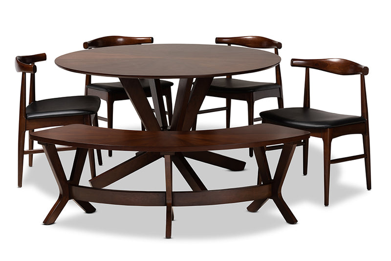 Olivia Mid-Century Modern Black Faux Leather Upholstered Walnut Finished 6-Piece Wood Dining Set