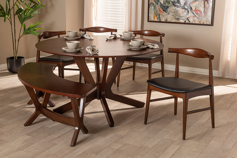 Olivia Mid-Century Modern Black Faux Leather Upholstered Walnut Finished 6-Piece Wood Dining Set