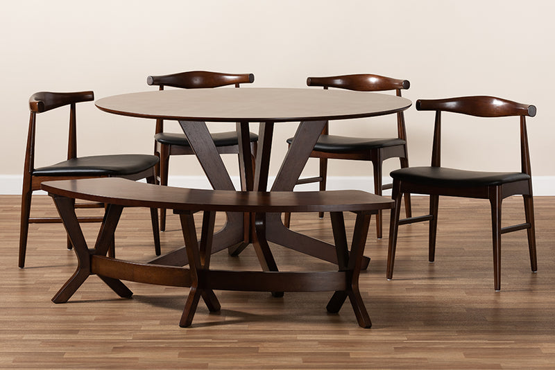 Olivia Mid-Century Modern Black Faux Leather Upholstered Walnut Finished 6-Piece Wood Dining Set