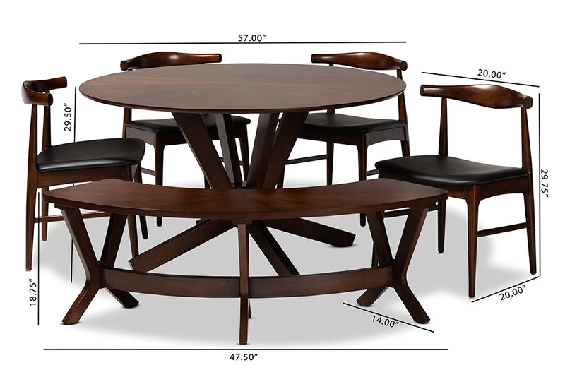 Olivia Mid-Century Modern Black Faux Leather Upholstered Walnut Finished 6-Piece Wood Dining Set