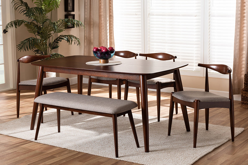 Vivaldi Mid-Century Modern Light Gray Fabric Upholstered Walnut Finished Wood 6-Piece Dining Set