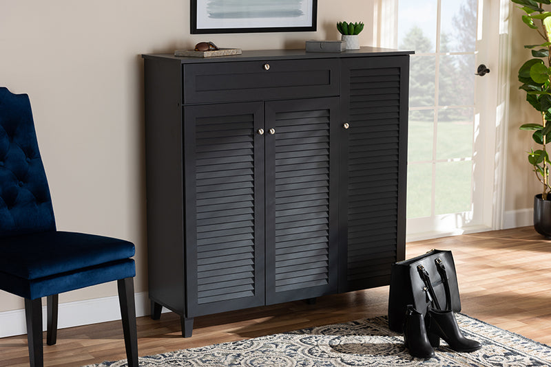 Theo Modern and Contemporary Dark Gray Finished 11-Shelf Wood Shoe Storage Cabinet w/Drawer